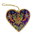 Deep Purple Embroidered and Beaded Fabric Heart Ornament, Fair Trade from India