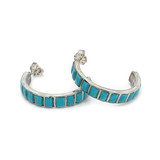 Native American Channel Inlay three-Quarter Hoop Sterling Silver and Turquoise Post Earrings