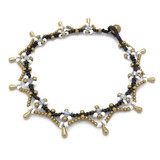 Waxed Cotton Anklet with Flowers and Brass Drops - White & Clear, Handmade from Thailand
