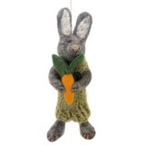 Handmade Felt Bunny in a Sage Green Outfit with Carrot Ornament, Fair Trade Needle Felted from Nepal
