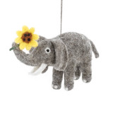 Handmade Felt Gray Elephant Holding a Sunflower Ornament, Fair Trade Needle Felted from Nepal
