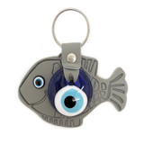 Glass Evil Eye and Leatherette Keychain - Gray, Handmade from Turkey
