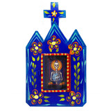 Metal Blue Church Nicho with Skeleton Holding Earth Image for Day of the Dead / Dias de los Muertos, Handmade Fair Trade in Mexico