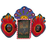 Double Flaming Heart Metal Nicho with Butterfly Skeleton Image for Day of the Dead / Dias de los Muertos, Handmade Fair Trade in Mexico