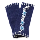 Hand Knitted Fingerless Wristlet Gloves with Embroidery - Deep Blue, Made in Nepal Hand Knitted Fingerless Wristlet Gloves with Embroidery - Deep Blue, Made in Nepal