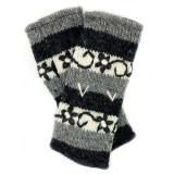 Hand Knitted Fingerless Wristlet Gloves with Embroidery - Gray, Black & Ivory, Made in Nepal Hand Knitted Fingerless Wristlet Gloves with Embroidery - Gray, Black & Ivory, Made in Nepal
