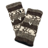Hand Knitted Fingerless Wristlet Gloves with Embroidery - Brown, Taupe, Ivory, Made in Nepal Hand Knitted Fingerless Wristlet Gloves with Embroidery - Brown, Taupe, Ivory, Made in Nepal