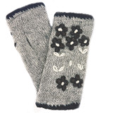 Hand Knitted Fingerless Wristlet Gloves with Embroidery - Gray with Black, Dark Brown, Ivory, Made in Nepal Hand Knitted Fingerless Wristlet Gloves with Embroidery - Gray with Black, Dark Brown, Ivory, Made in Nepal