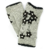 Hand Knitted Fingerless Wristlet Gloves with Embroidery - Natural with Black, Dark Brown, Ivory, Made in Nepal  Hand Knitted Fingerless Wristlet Gloves with Embroidery - Natural with Black, Dark Brown, Ivory, Made in Nepal