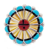 Large Native American Sunface Ring with Turquoise, Size 8.5, Mother of Pearl, Onyx, Turquoise, Coral - Zuni Pueblo