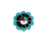 Native American Sunface Ring with Turquoise, Mother of Pearl, Onyx, Coral - by Zuni Artist R V