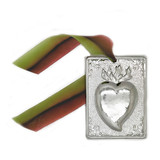 Vintage Flaming Heart Exvoto from Greece, Green Brown Ribbon - Healthy Heart, Passion, Love, Compassion