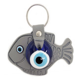 Glass Evil Eye and Leatherette Fish Keychain - Gray,  Handmade from Turkey