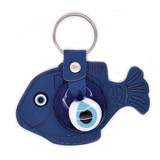 Glass Evil Eye and Leatherette Fish Keychain - Dark Blue,  Handmade from Turkey