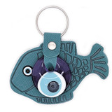 Glass Evil Eye and Leatherette Fish Keychain - Turquoise Blue,  Handmade from Turkey