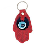 Glass Evil Eye and Leatherette Hamsa Keychain - Bright Red,  Handmade from Turkey