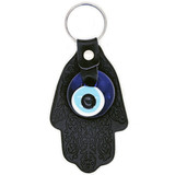 Glass Evil Eye and Leatherette Hamsa Keychain - Black,  Handmade from Turkey