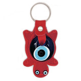 Glass Evil Eye and Leatherette Turtle Keychain - Bright Red,  Handmade from Turkey