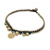 Waxed Cotton Anklet with Drop Bells, Beads and Spiral Charm - Deep Green, Handmade Fair Trade from Thailand