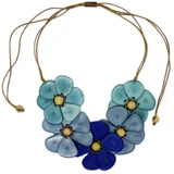 Tagua Nut Five Flower Necklace - Turquoise, Steel, & Cobalt Blues, Handmade Fair Trade in Ecuador