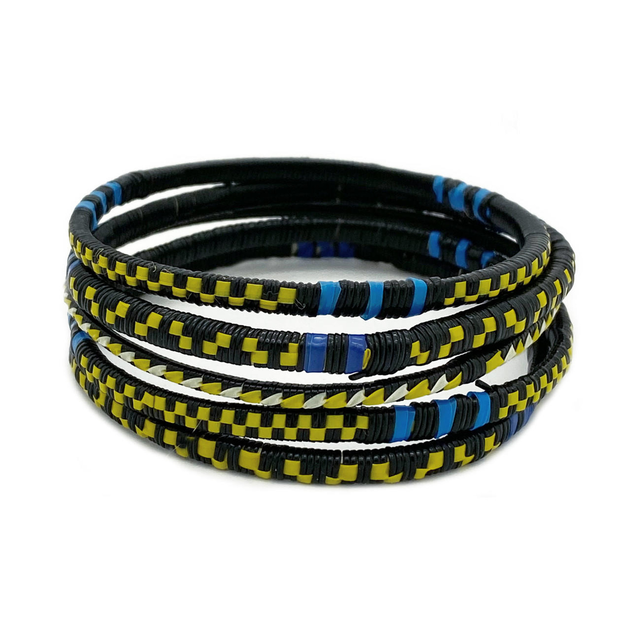 Woven Recycled Plastic Bracelets - Black, Yellow & Blue from Mali, Set of 5