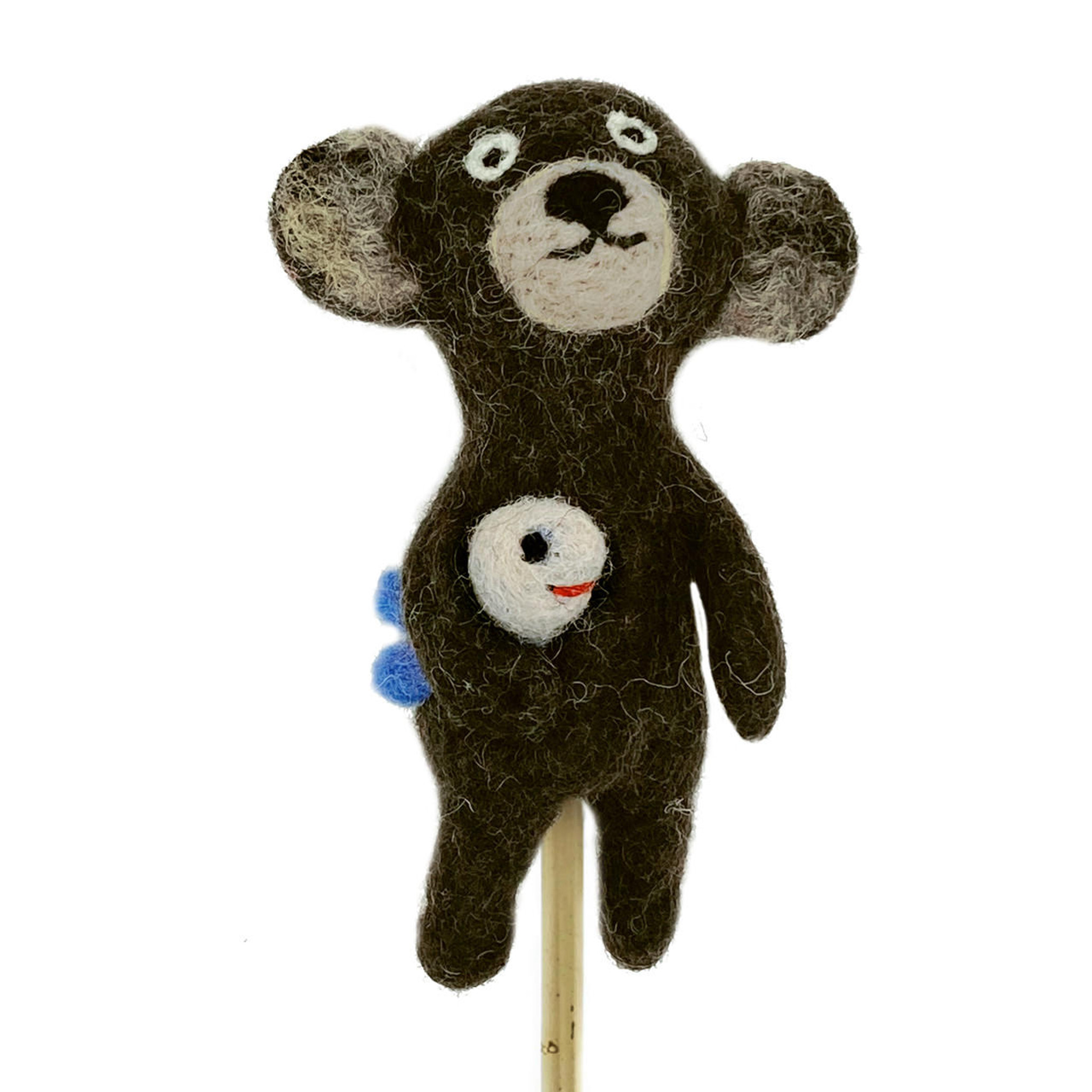 Dark Brown Bear Holding Fish Finger Puppet, Handmade from Nepal