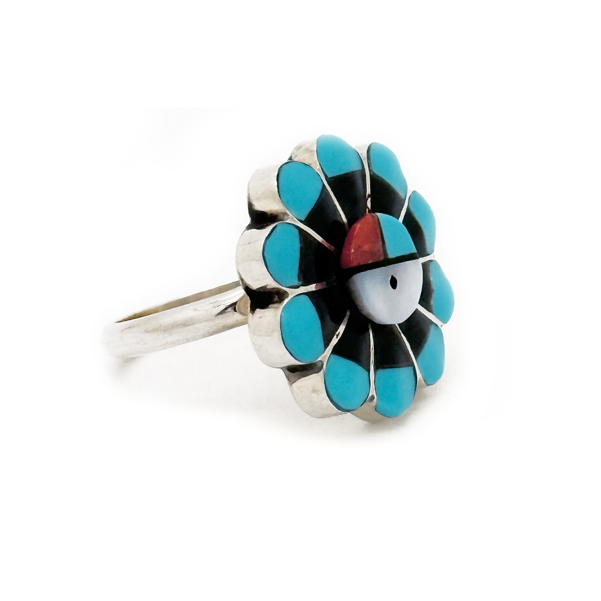 Native American Sunface Ring with Turquoise, Mother of Pearl, Onyx