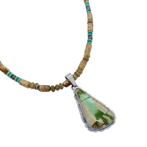 Native American Kingman Turquoise Pendant With Beaded Necklace and Earrings  - PuebloDirect.com