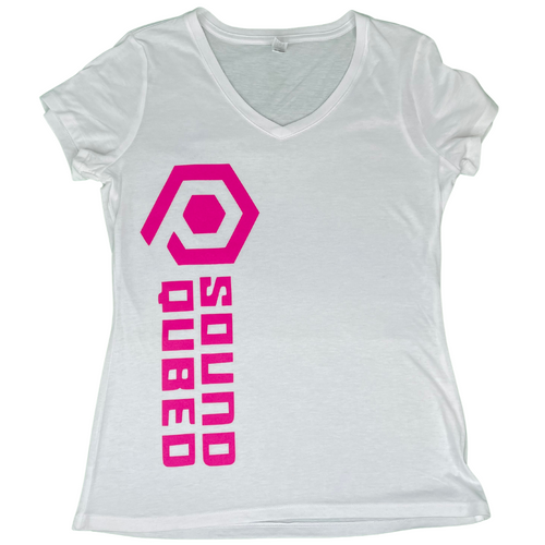 Womens Soundqubed V-neck shirt White with Pink Logo