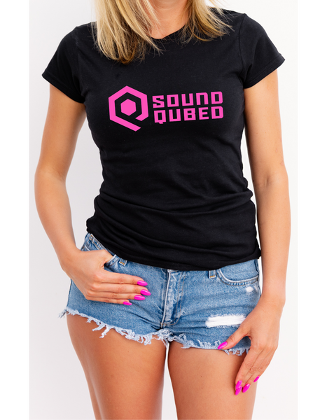 Womens Soundqubed V-neck shirt black with pink logo