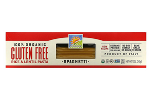 ORGANIC SPAGHETTI PASTA - Gluten free noodles made with just rice & lentils. 8g of protein per serving, no soy, added starches or gums. Free of milk, eggs, fish, shellfish, peanuts, & tree nuts.