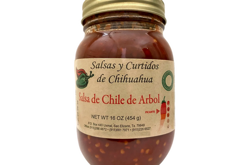 Ingredients: Chile de Arbol, water, vinegar, salt, garlic, citric acid and canola oil