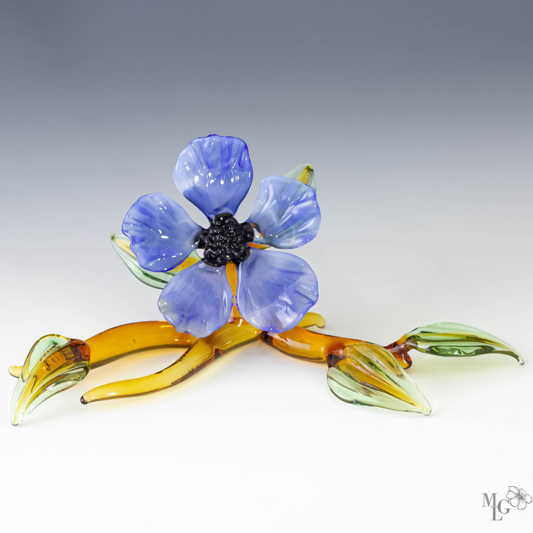 Glass Wildflower bloom in hues of blue. It's a compact size botanical sculpture that can for those just starting their collection. Great for gift giving!