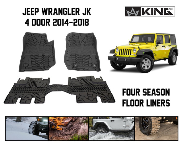Jeep JK TPE Form Fitting Floor Liners For 14-18 Wrangler JK 4 Door Front and Rear 3 Piece Black King 4WD