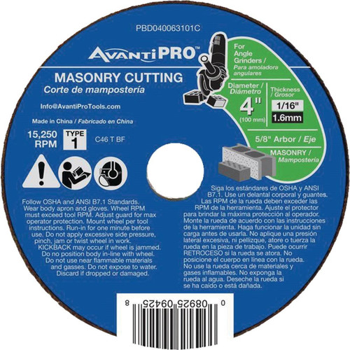 PBD040063101C Avanti Pro Type 1 4 In. x 1/16 In. x 5/8 In. Masonry Cut-Off Wheel