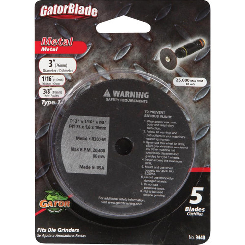 9440GA - Gator Blade Type 1 3 In. x 1/16 In. x 3/8 In. Metal Cut-Off Wheel (5-Pack)