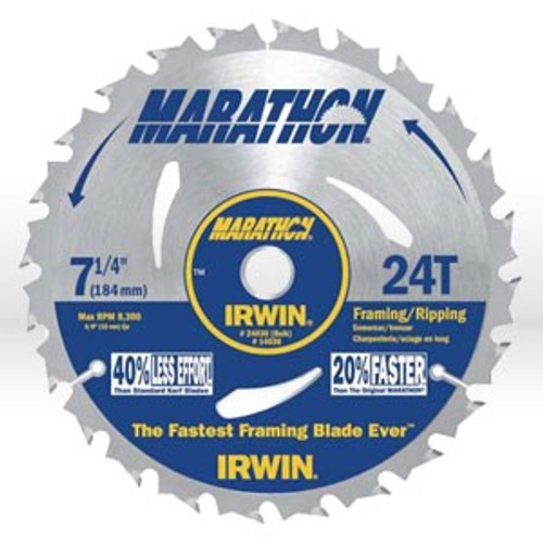 24030 - Irwin Marathon Circular Saw Blade, Size: 7-1/4", Teeth: 24T, Type: ATB Framing and ripping, Arbor: With 5/8-Inch and Diamond Knockout Arbor, Packaging: 10 per box
