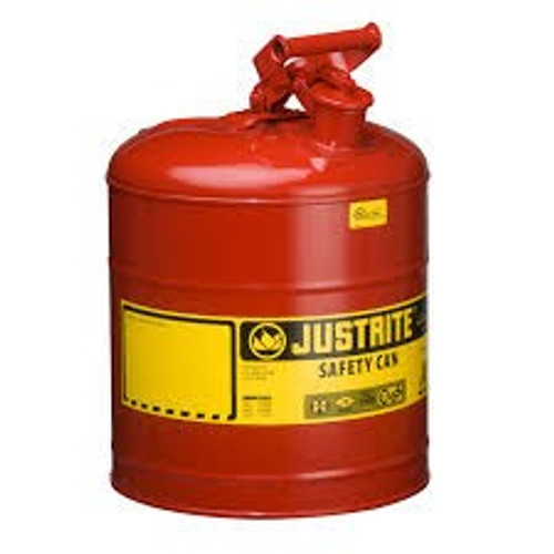 7150100 - Justrite Type I Steel Safety Can for flammables, 5 gallon, S/S flame arrester, self-close lid, Red.