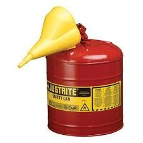 7120110 - Justrite Type I Steel Safety Can for flammables, Funnel 11202Y, 2 gallon, S/S flame arrester, s/c lid, Red.