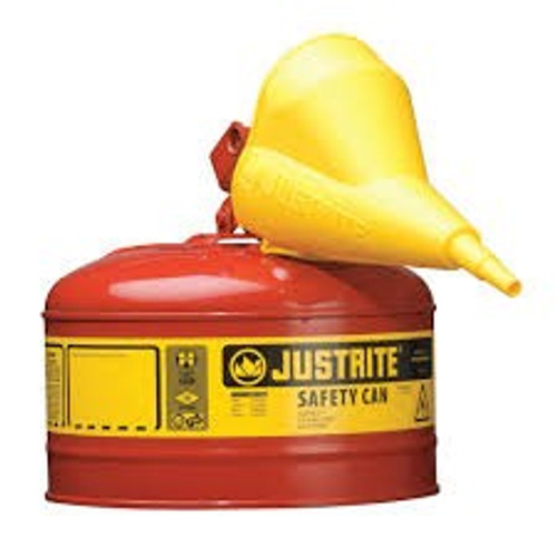 7125110 - Justrite Type I Steel Safety Can for flammables, Funnel 11202Y, 2.5 gallon, S/S flame arrester, s/c lid, Red.