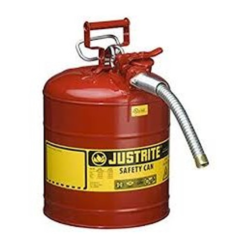 7250130 - Justrite Type II AccuFlow Steel Safety Can for flammables, 5 gal., S/S flame arrester, 1" metal hose, Red.
