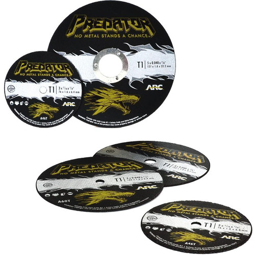 904043805 - PREDATOR - Cut Off Wheels, Type 1, Size= 4 in x .04 in x 3/8 in, Grade= A60T, RPM=19,100, Box Qty.= 50, Great on all metals, fast cut and long life. Self-sharpening and no burning.