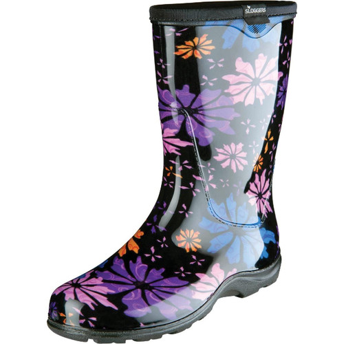 5016FP08 - Sloggers Women's Size 8 Black w/Flowers Rain & Garden Rubber Boot