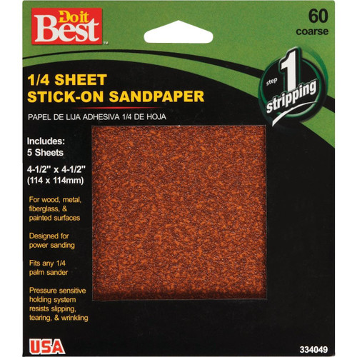 334049GA Stick-On 60 Grit 1/4 Sheet Power Sanding Sheet (5-Pack)