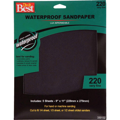 330132GA Waterproof 9 In. x 11 In. 220 Grit Very Fine Sandpaper (5-Pack)