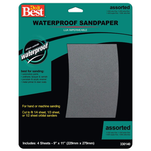 330140GA Waterproof 9 In. x 11 In. 600/440/320/220 Grit Assorted Grade Sandpaper (4-Pack)