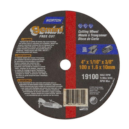 662435-10655 - Small Diameter Cut-Off Blades Type 1 Metal - Gemini Aluminum Oxide, Size: 4 x 1/16 x 3/8, RPM: 19100, Packaging Qty: 25 per box