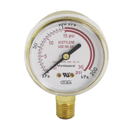 GAUGES, 2" DIAMETER, DUAL SCALE, BRASS CASE, Gauge, 2", Dual Scale, Brass Case, 30PSI, 15PSI Red Line