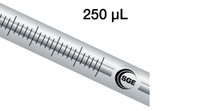 250 μL fixed needle syringe with GT plunger and 5 cm 0.5 mm OD bevel tipped needle, each