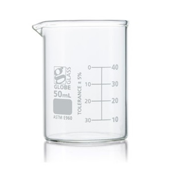 50mL Beaker, Globe Glass, Low Form Griffin Style, 48-Case